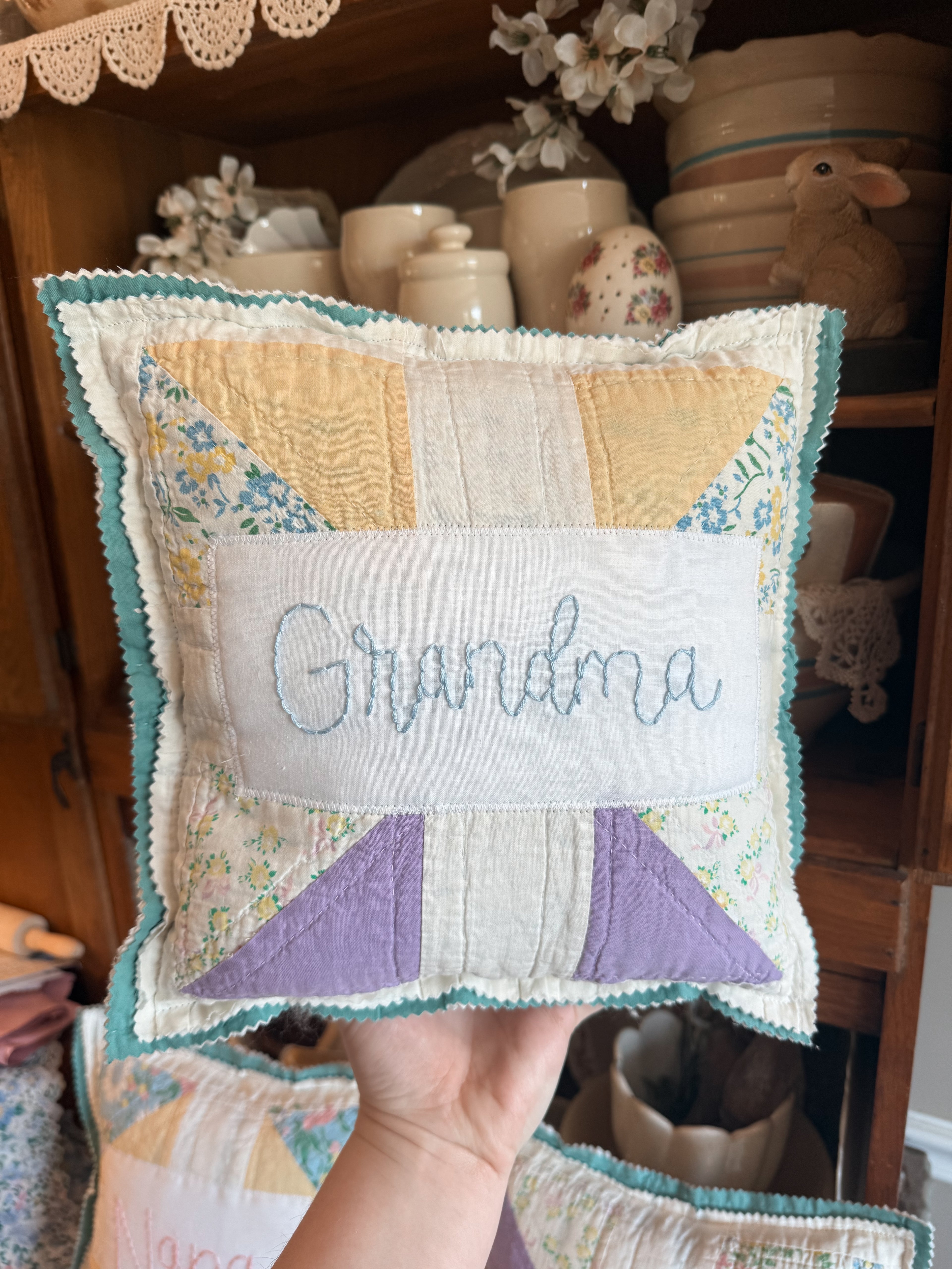 ‘Grandma’ Embroidered Quilt Pillow